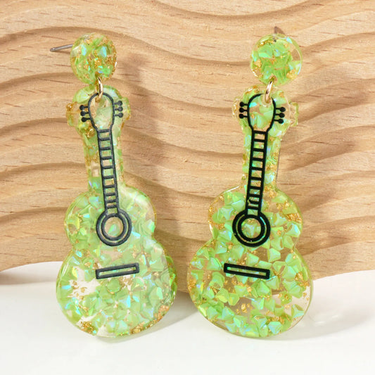 Music-Inspired Glitter Guitar Drop Statement Earrings