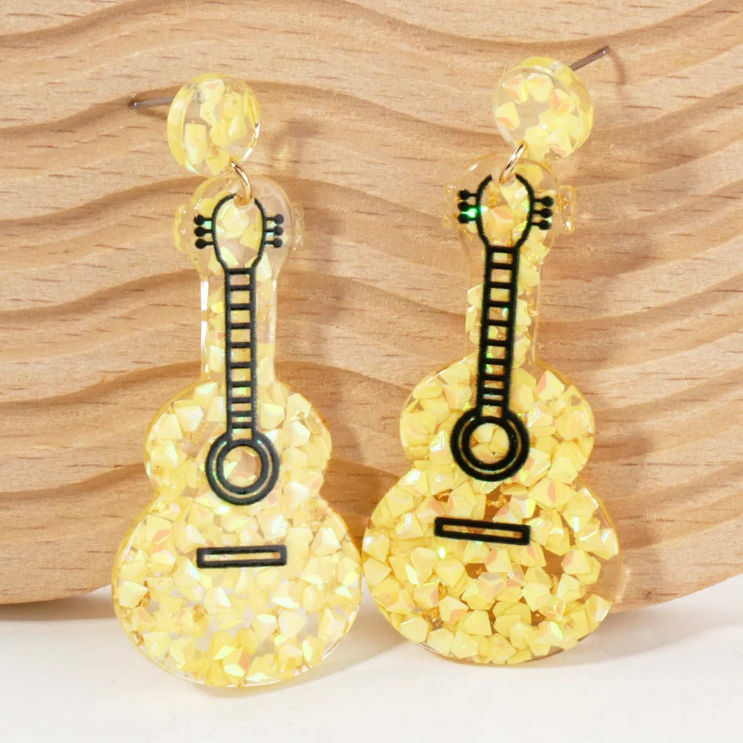 Music-Inspired Glitter Guitar Drop Statement Earrings