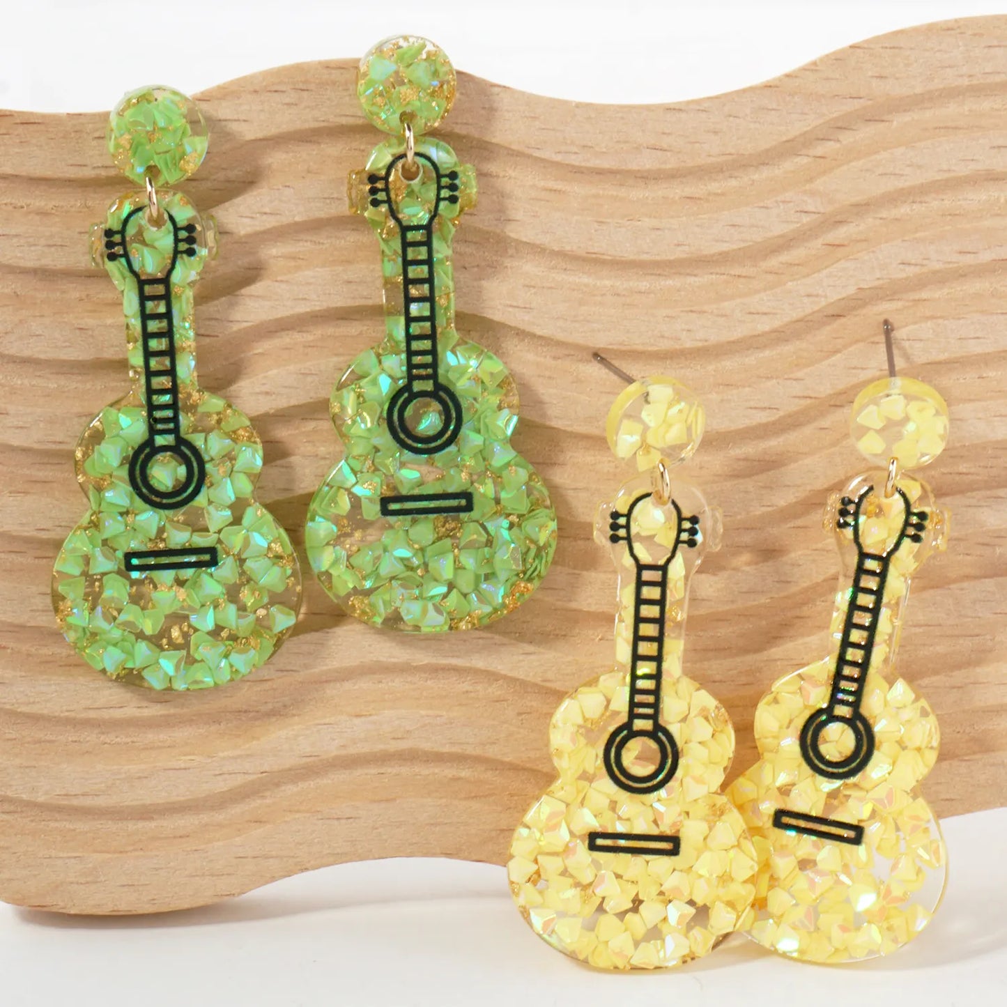 Music-Inspired Glitter Guitar Drop Statement Earrings
