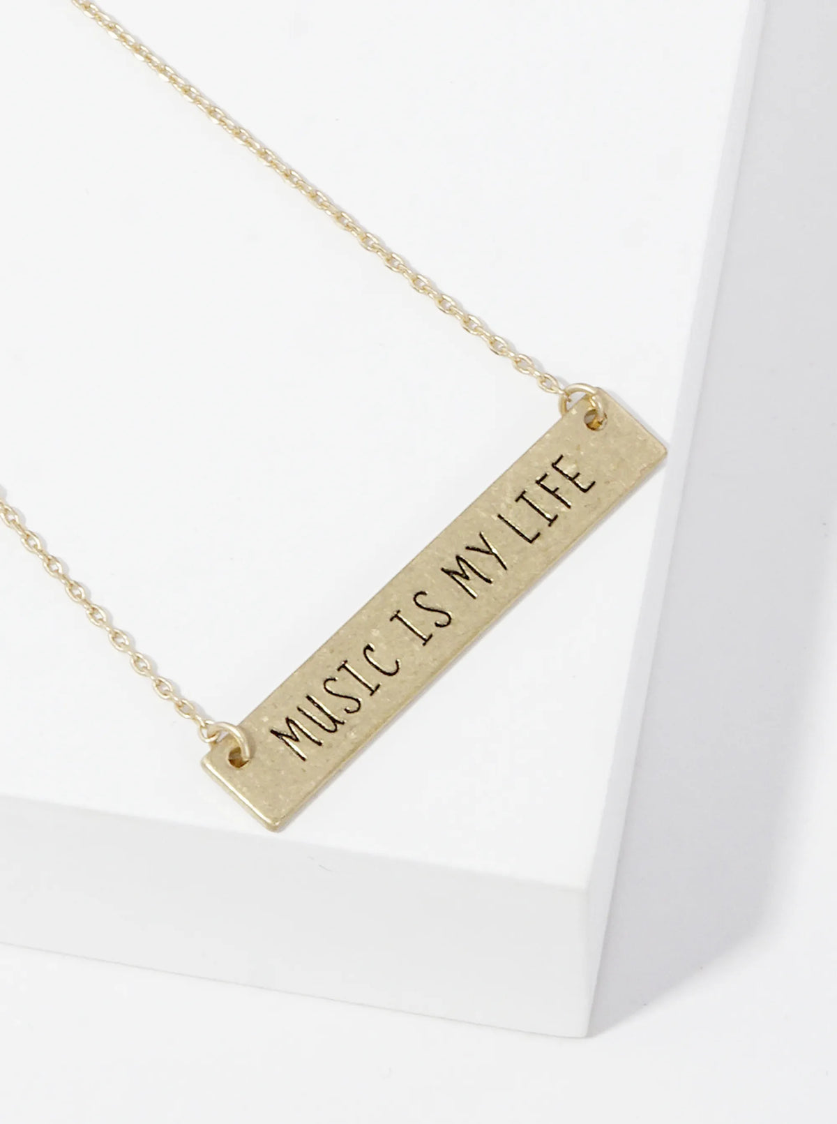 Music Is My Life Engraved Horizontal Bar Pendant Necklace