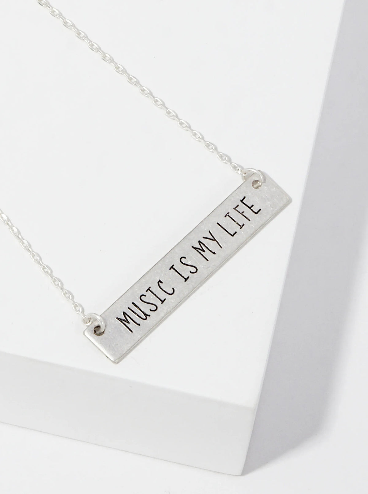 Music Is My Life Engraved Horizontal Bar Pendant Necklace