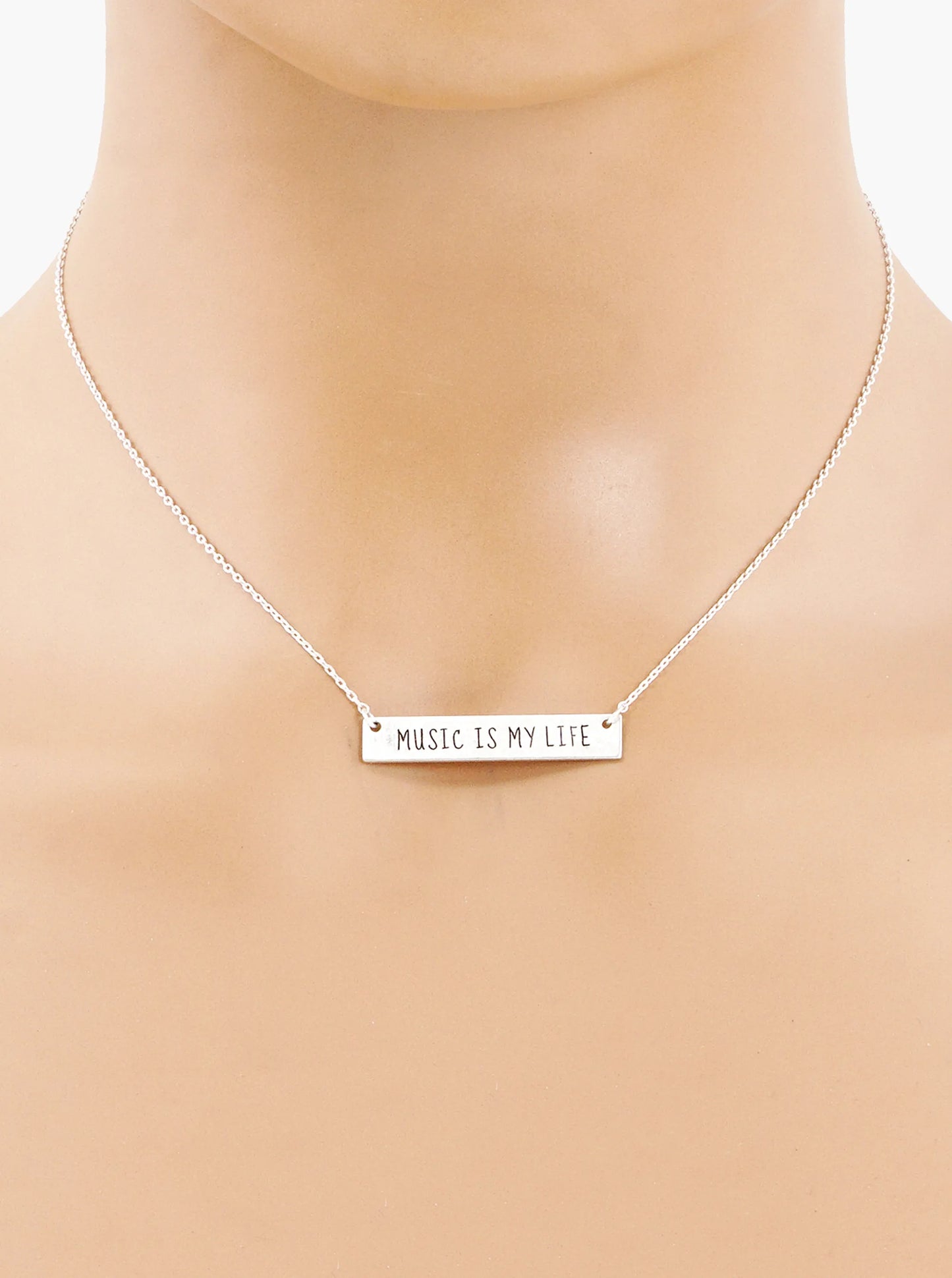 Music Is My Life Engraved Horizontal Bar Pendant Necklace
