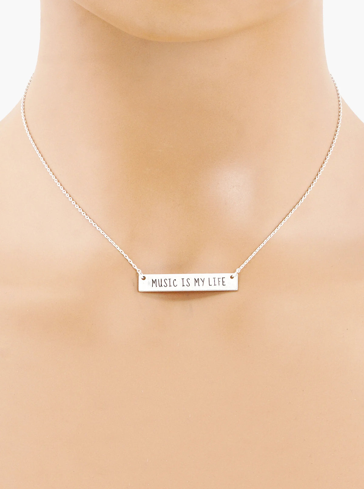 Music Is My Life Engraved Horizontal Bar Pendant Necklace