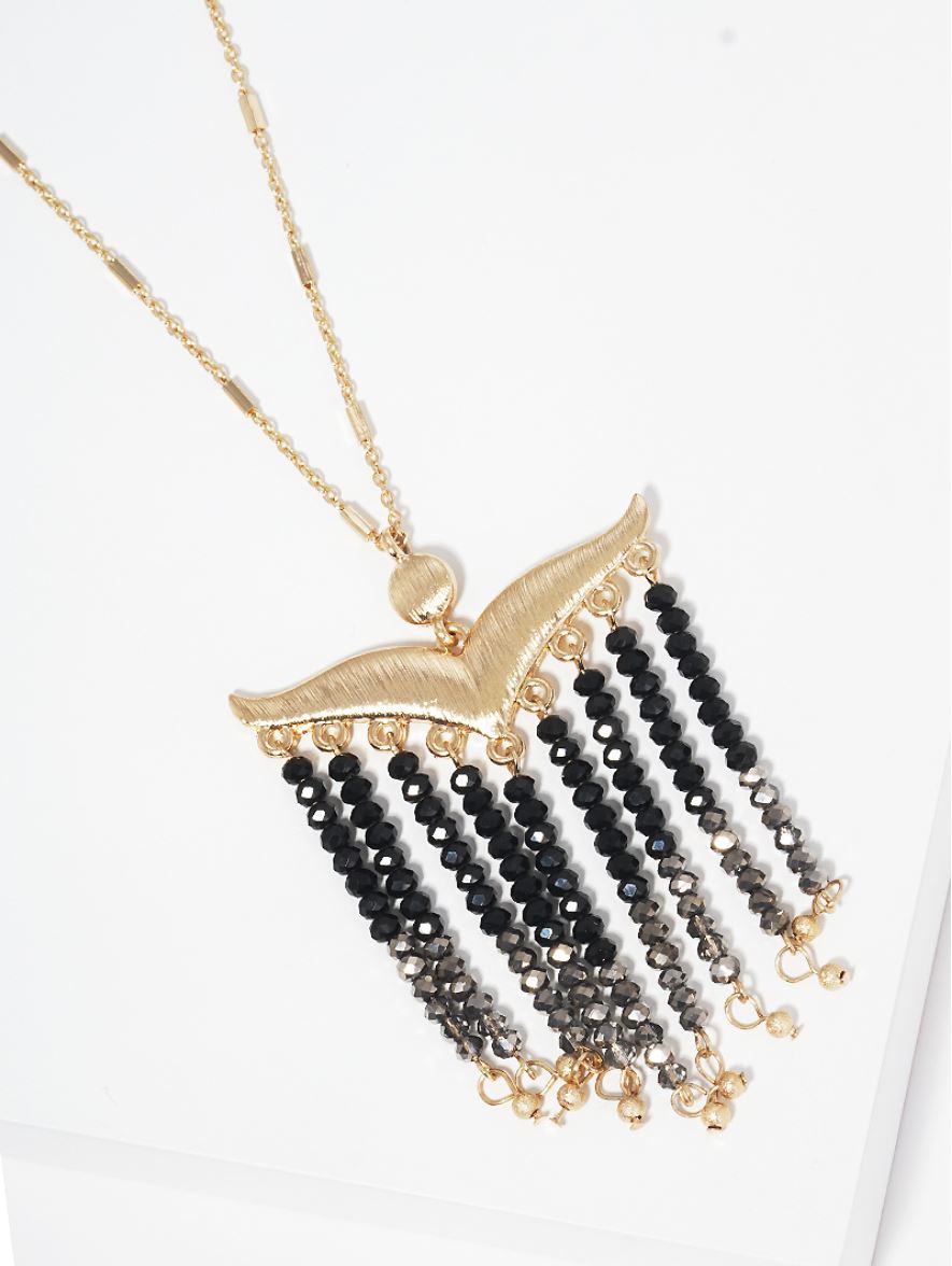 Mustachelike Brushed Metal With Faceted Glass Bead Tassel Drop Pendant Long Necklace