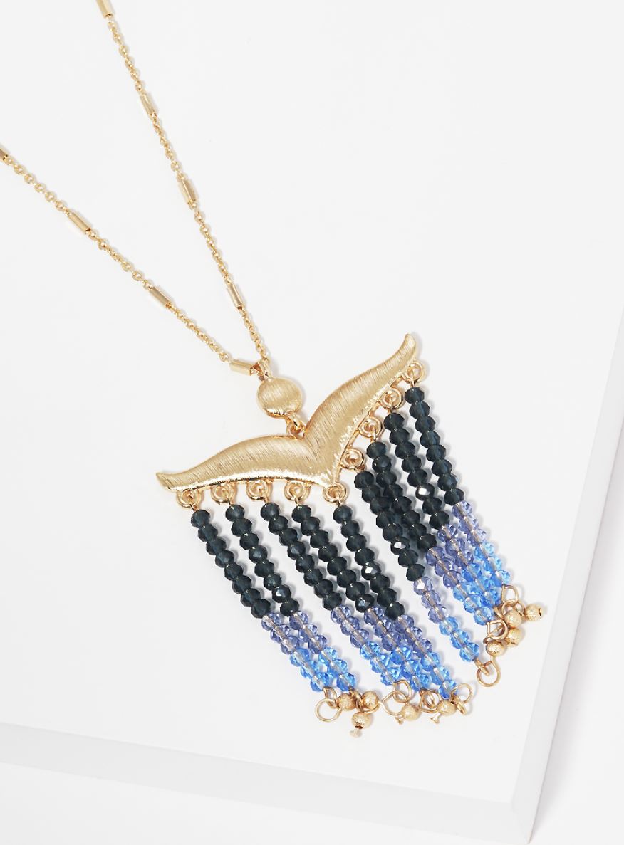 Mustachelike Brushed Metal With Faceted Glass Bead Tassel Drop Pendant Long Necklace