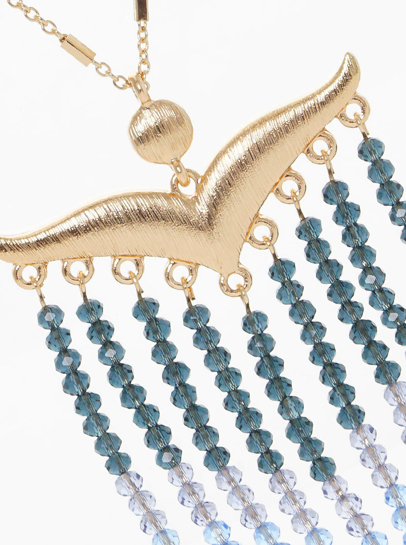 Mustachelike Brushed Metal With Faceted Glass Bead Tassel Drop Pendant Long Necklace
