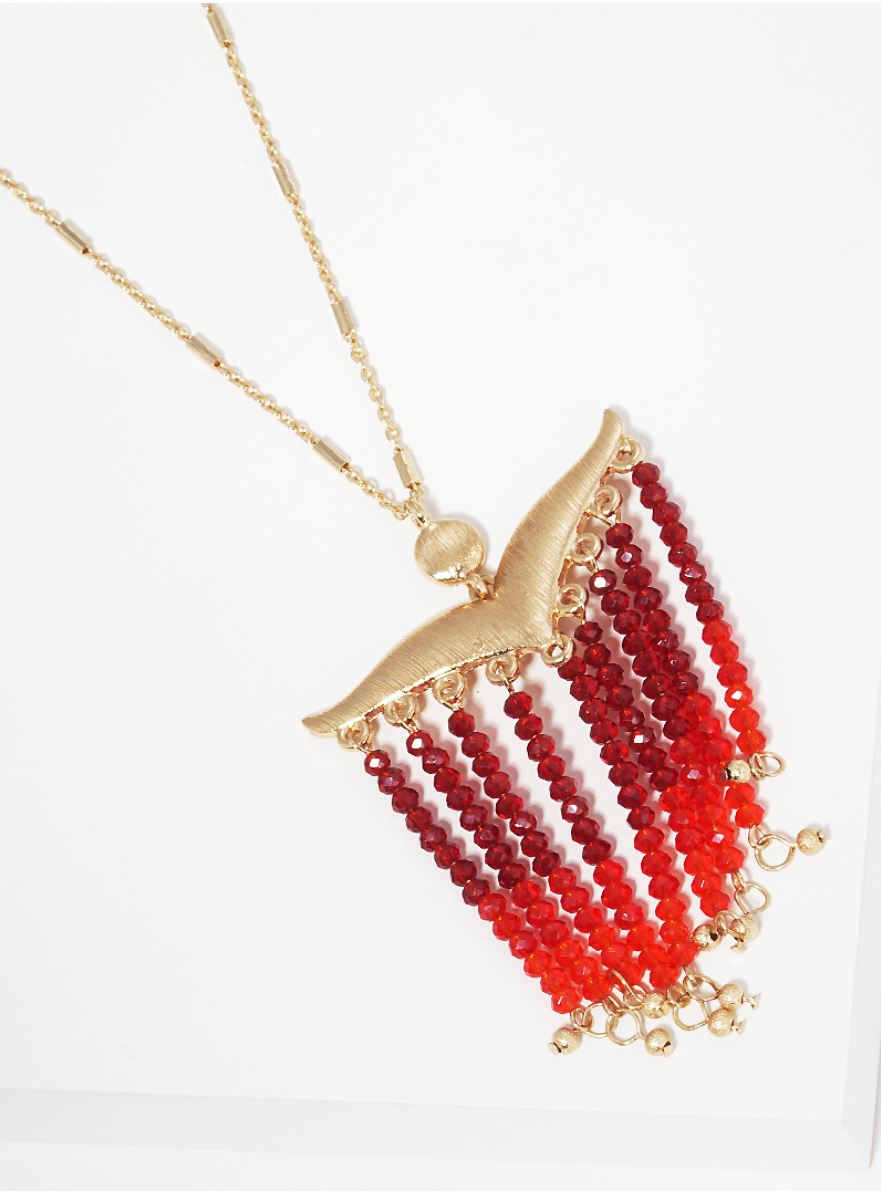 Mustachelike Brushed Metal With Faceted Glass Bead Tassel Drop Pendant Long Necklace