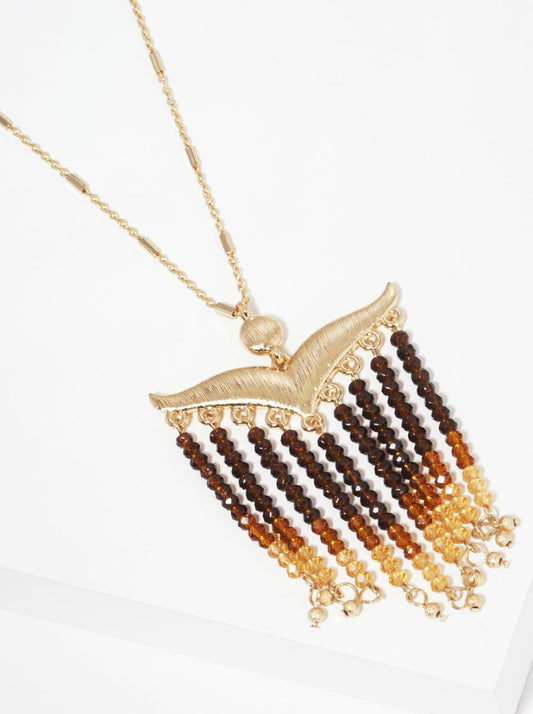 Mustachelike Brushed Metal With Faceted Glass Bead Tassel Drop Pendant Long Necklace