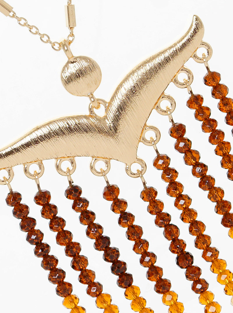 Mustachelike Brushed Metal With Faceted Glass Bead Tassel Drop Pendant Long Necklace