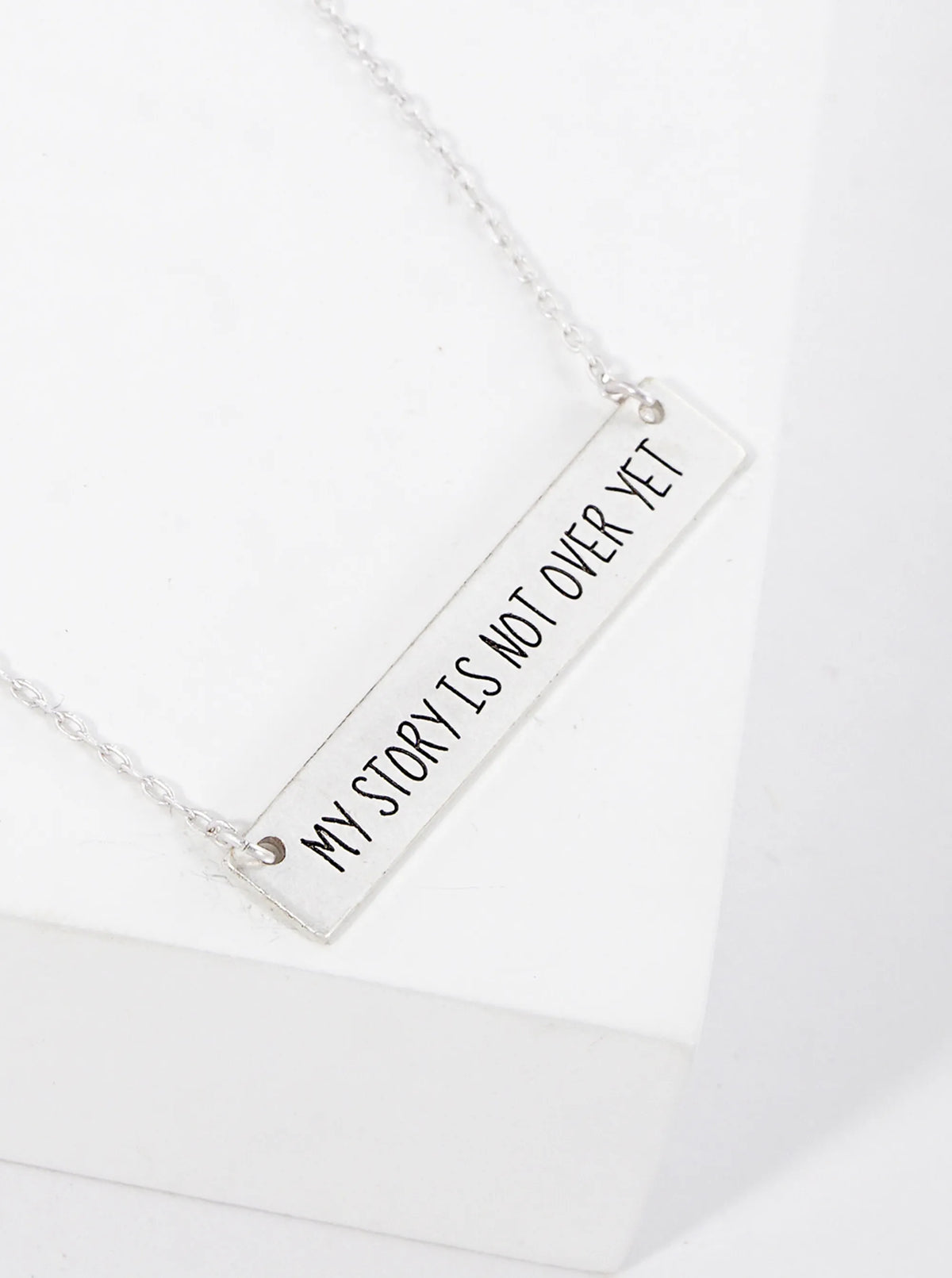 My Story Is Not Over Yet Engraved Horizontal Bar Pendant Necklace