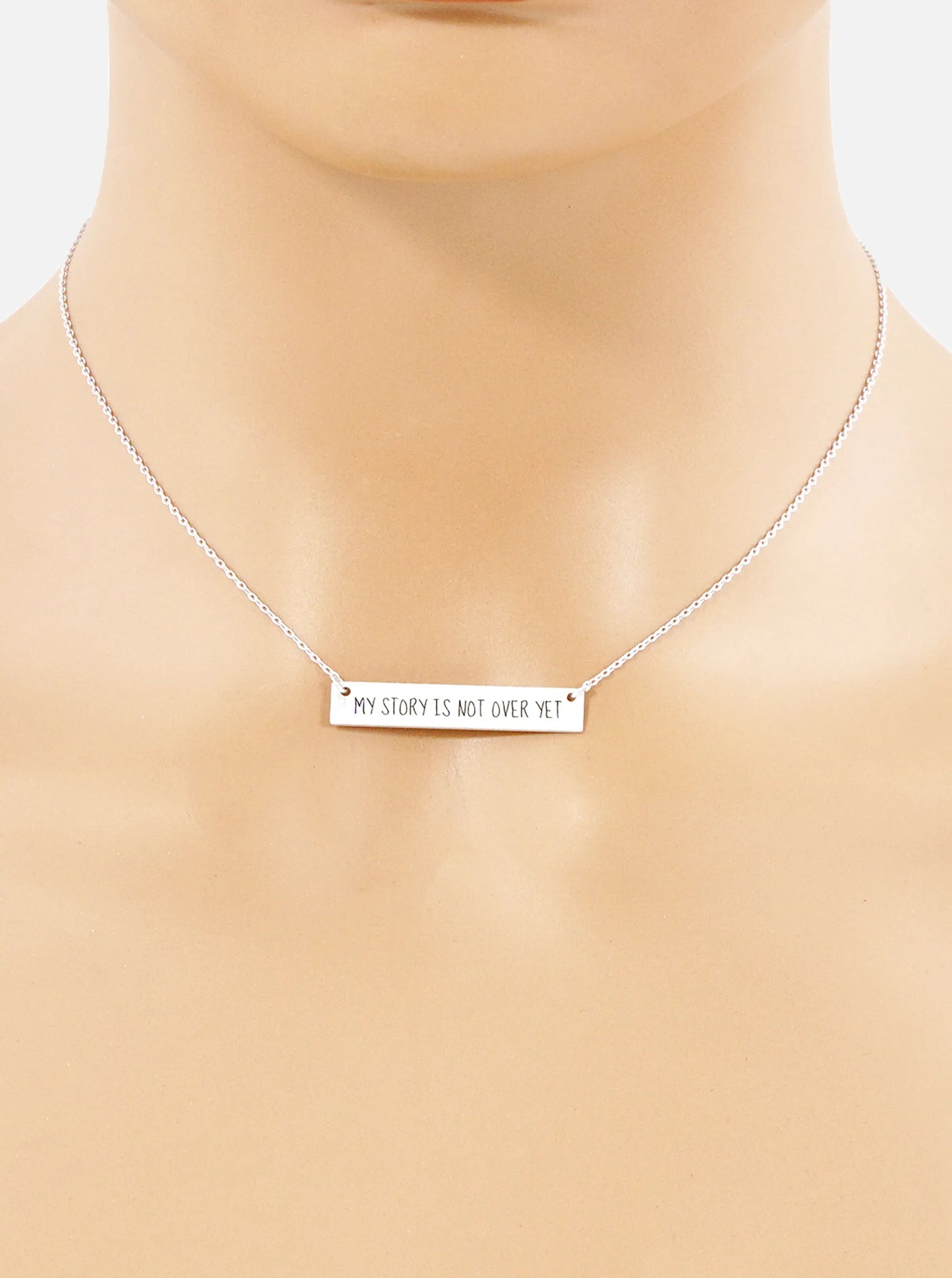 My Story Is Not Over Yet Engraved Horizontal Bar Pendant Necklace