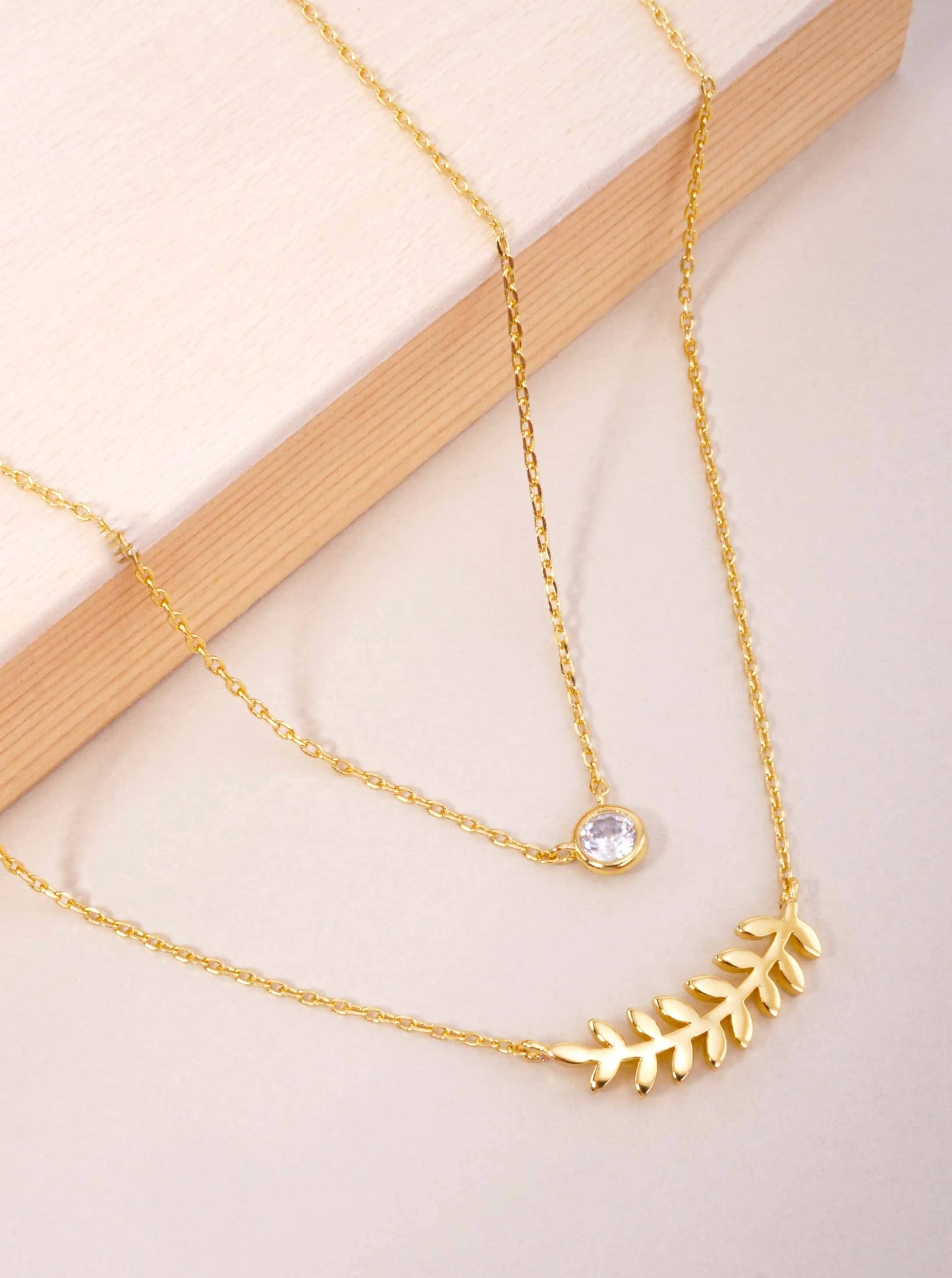 CZ Sideways Leaf 18K-Gold-Dipped Layered Necklace