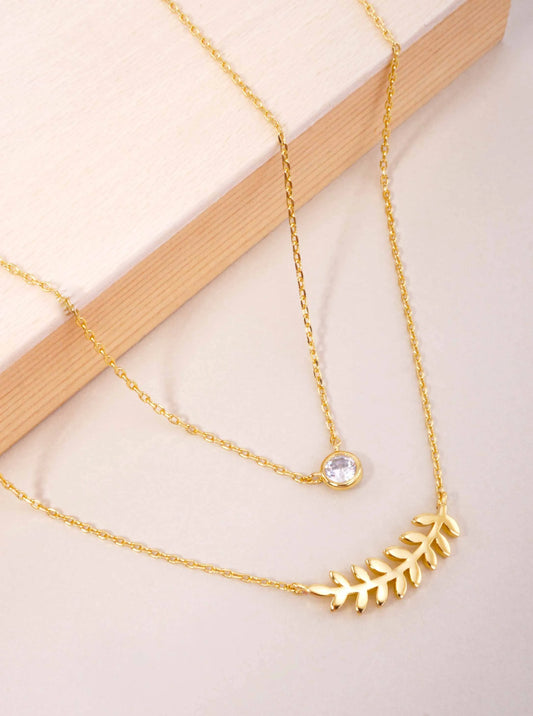 CZ Sideways Leaf 18K-Gold-Dipped Layered Necklace