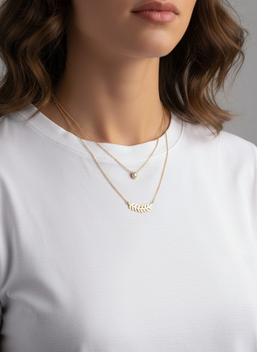 CZ Sideways Leaf 18K-Gold-Dipped Layered Necklace