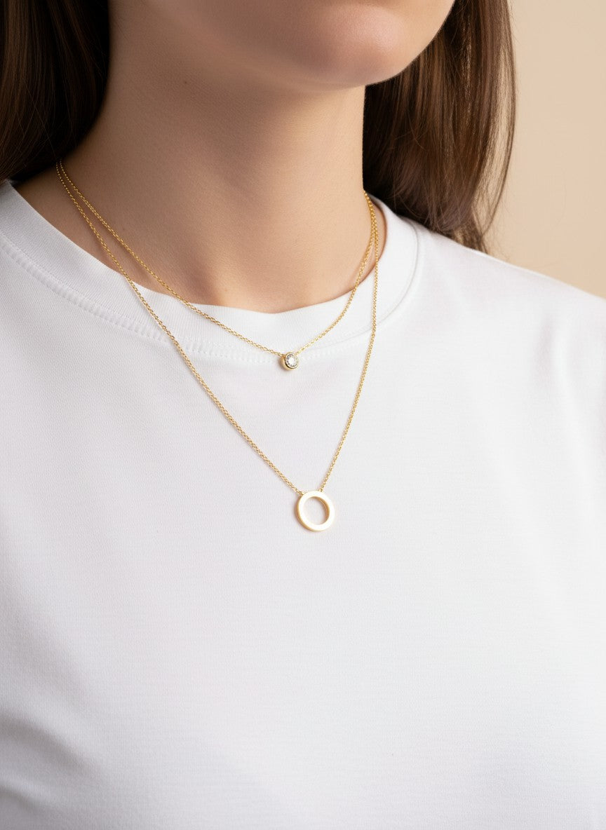 12mm CZ Circle 18K-Gold-Dipped Layered Necklace