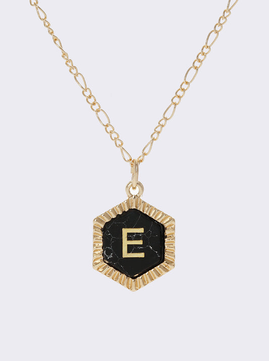 NATURAL STONE HEXAGON PENDANT INITIAL E NECKLACE