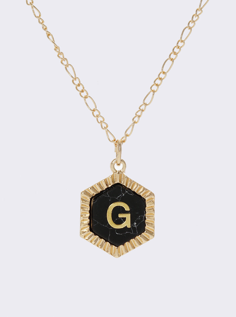 NATURAL STONE HEXAGON PENDANT INITIAL G NECKLACE