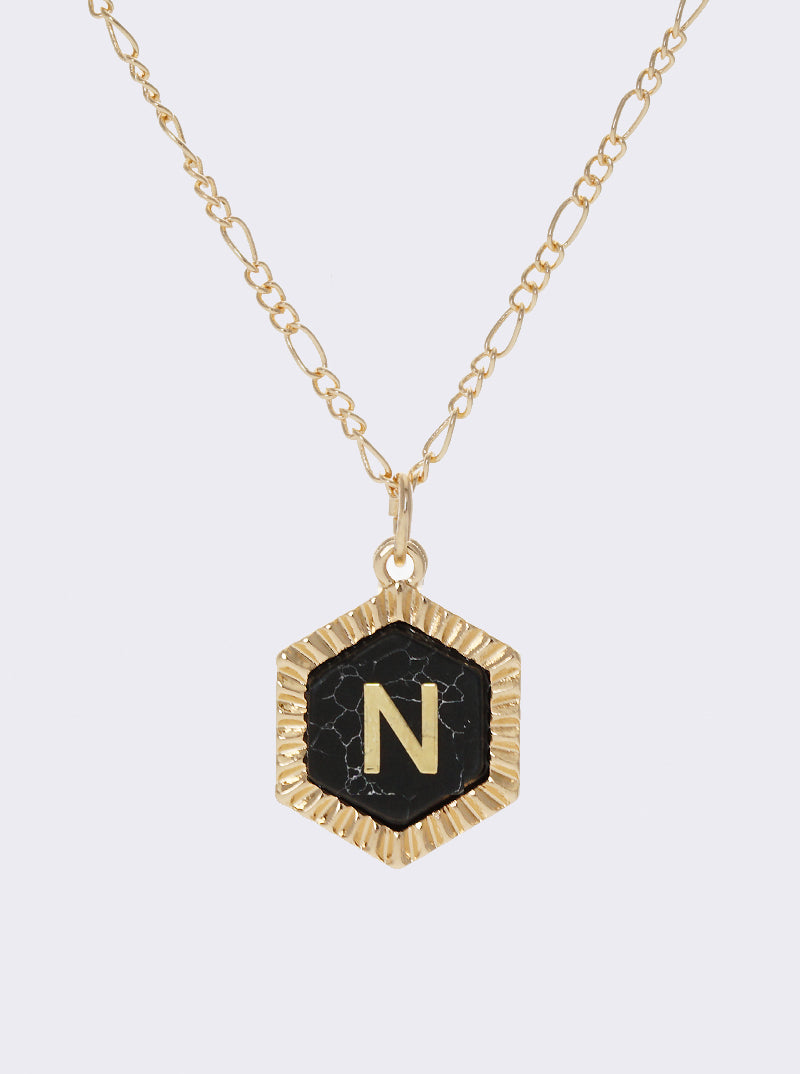 NATURAL STONE HEXAGON PENDANT INITIAL N NECKLACE