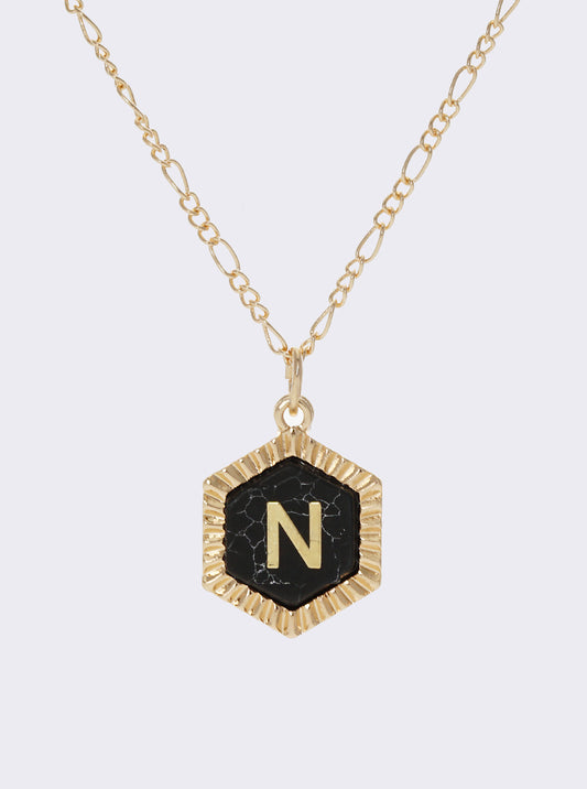 NATURAL STONE HEXAGON PENDANT INITIAL N NECKLACE