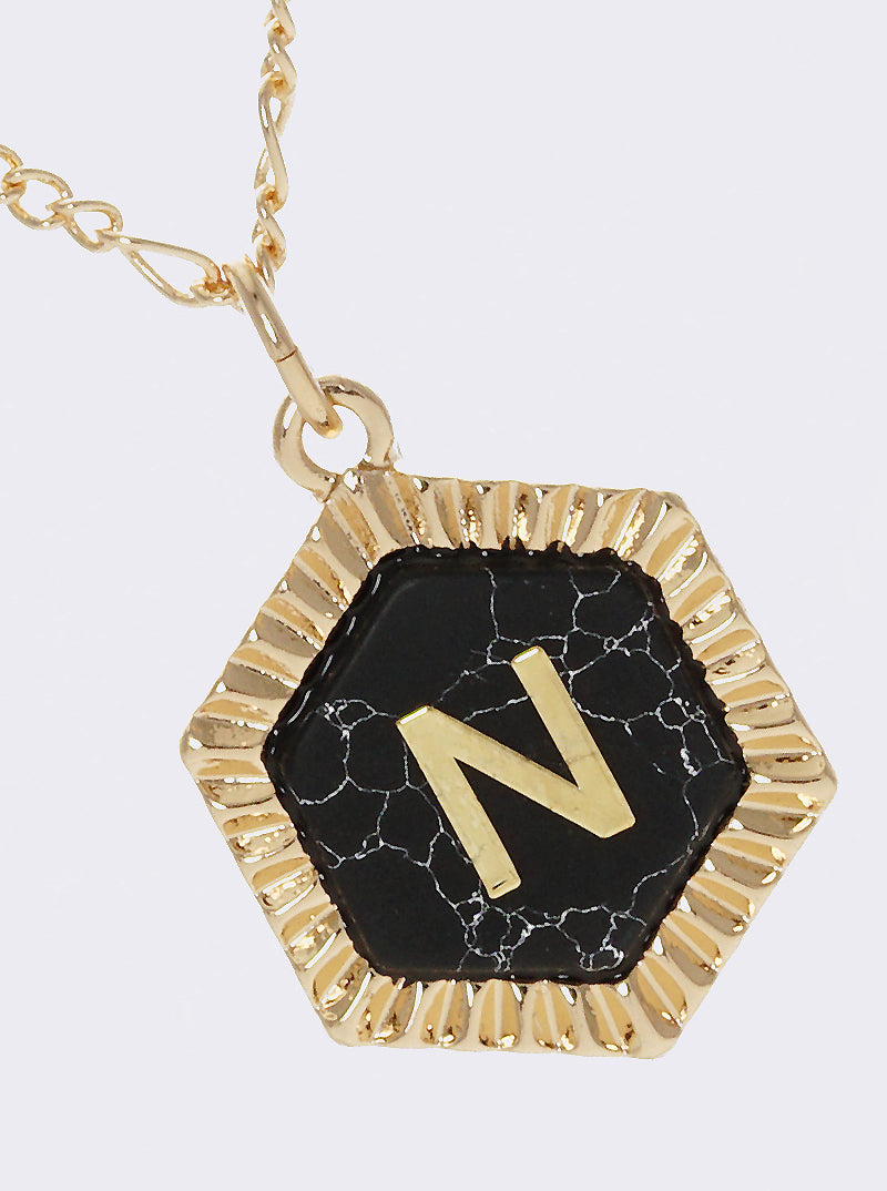 NATURAL STONE HEXAGON PENDANT INITIAL N NECKLACE