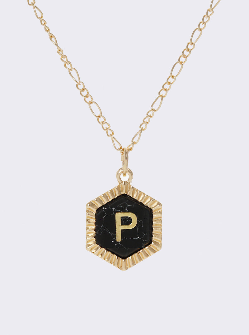 NATURAL STONE HEXAGON PENDANT INITIAL P NECKLACE
