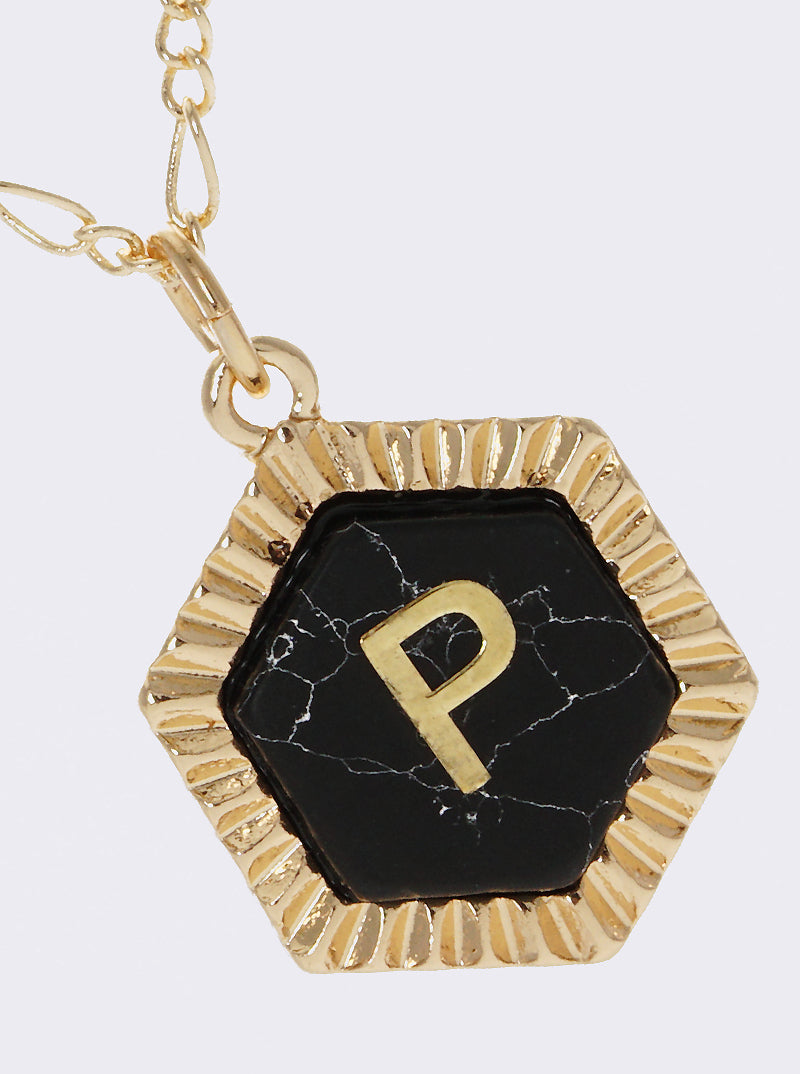NATURAL STONE HEXAGON PENDANT INITIAL P NECKLACE