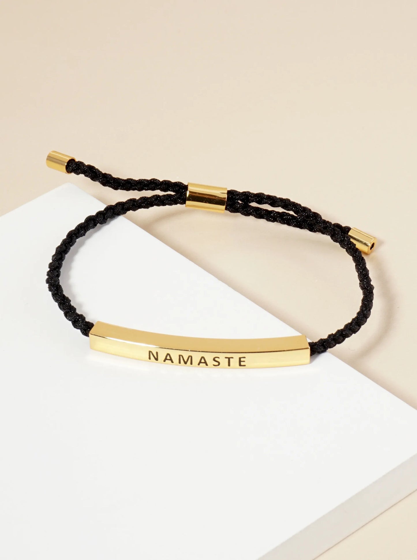 Namaste Engraved 18K Gold Dipped Curved Brass Tube Bar Adjustable Pull Tie Bracelet