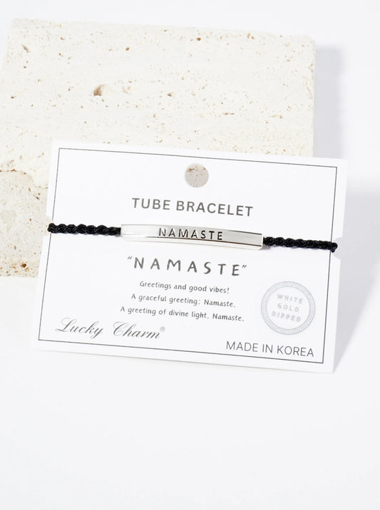 Namaste Engraved 18K Gold Dipped Curved Brass Tube Bar Adjustable Pull Tie Bracelet
