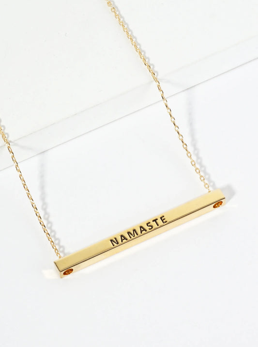 Namaste Engraved 18K Gold Dipped Horizontal Brass Bar Pendant Inspirational Necklace