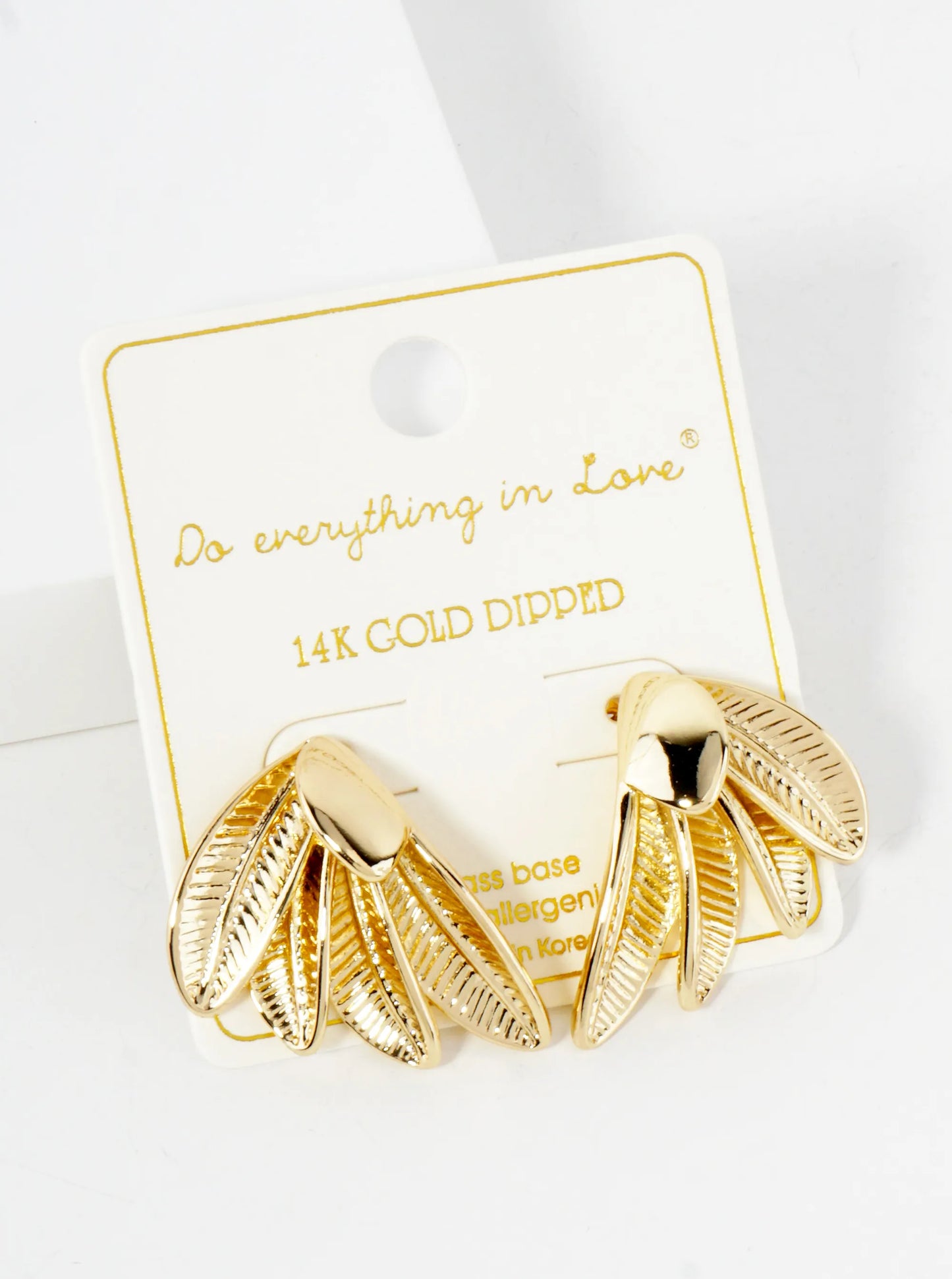 Nature-Theme Bird-Wing Inspired 14K-Gold-Dipped Textured Brass Earrings
