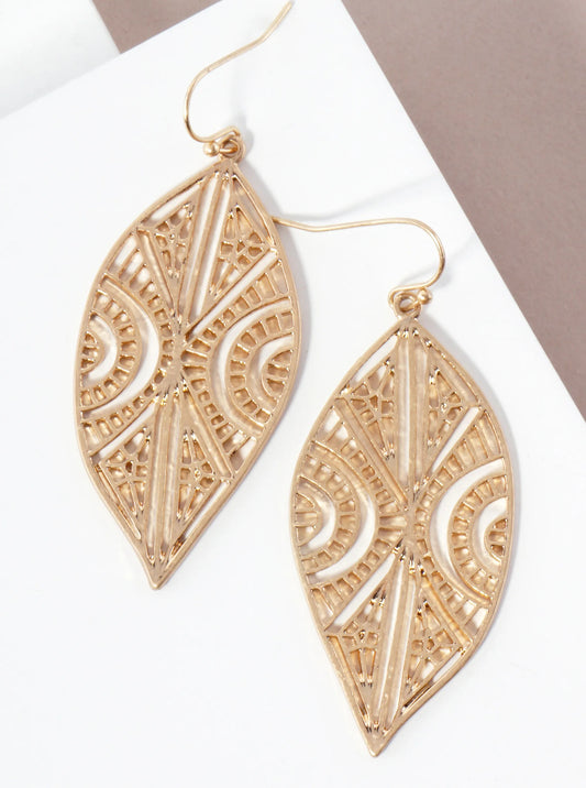 Nature-Theme Geometric Pattern Filigree Leaf Drop Metal Earrings