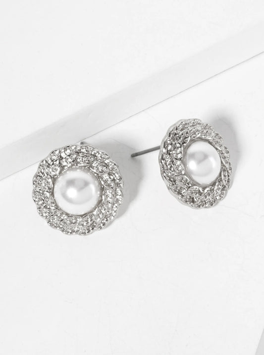 Nature-Theme Leaf-Texture Pearl Button Stud Earrings