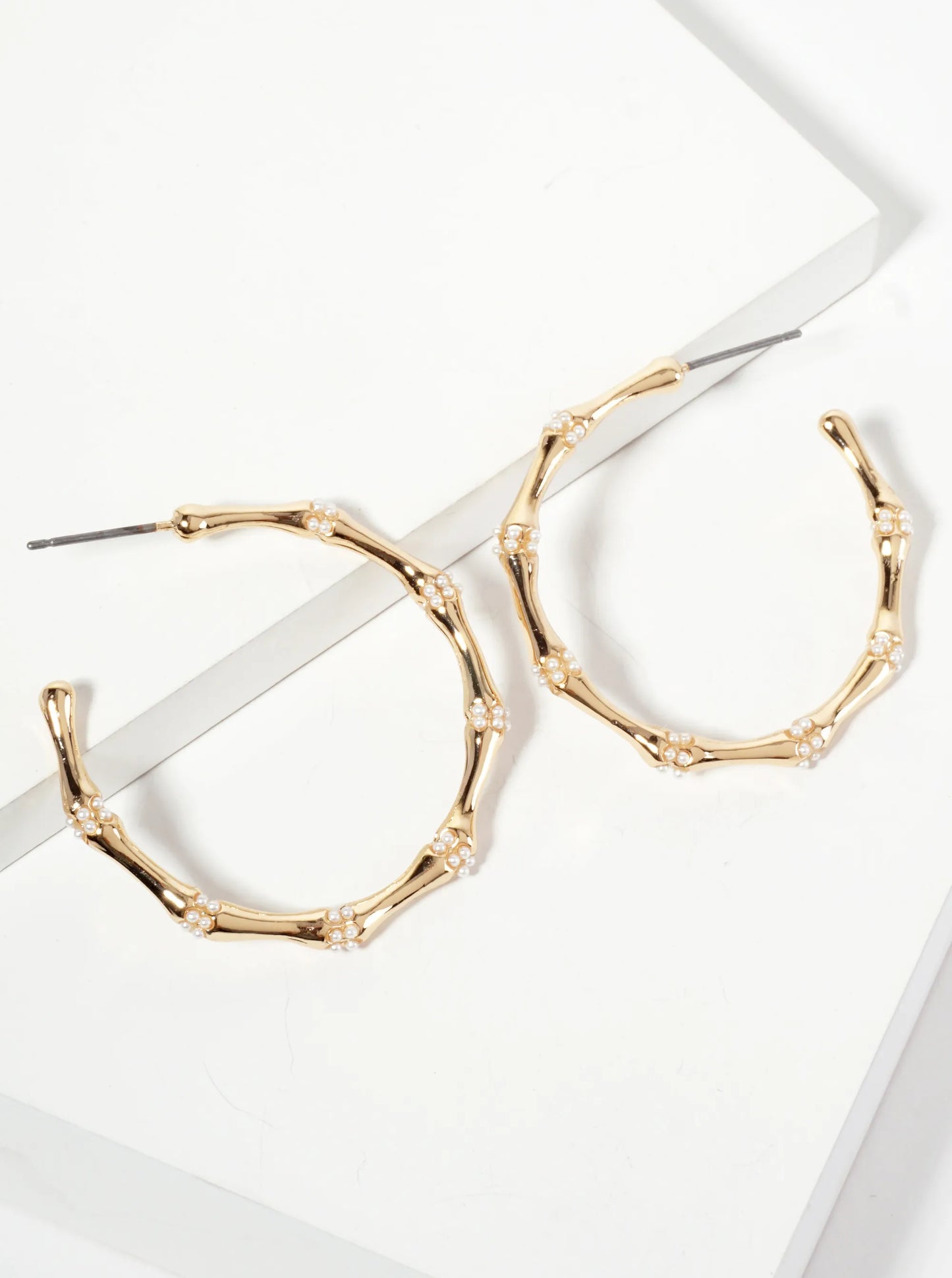 Nature-theme 35mm Bamboo Hoop Earrings With Small Pearl-accents