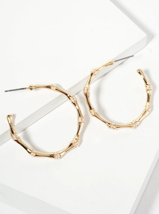 Nature-theme 35mm Bamboo Hoop Earrings With Small Pearl-accents
