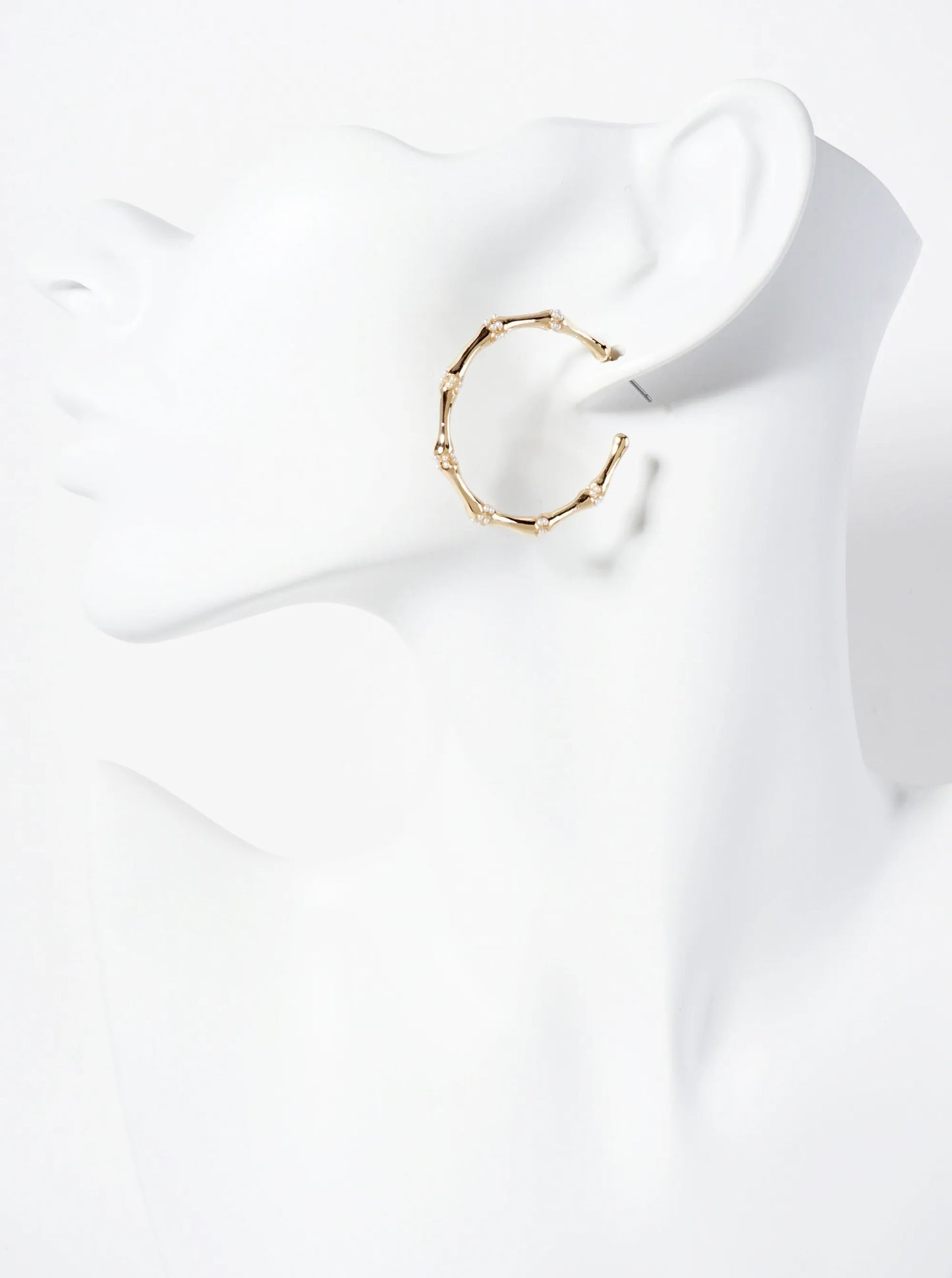 Nature-theme 35mm Bamboo Hoop Earrings With Small Pearl-accents