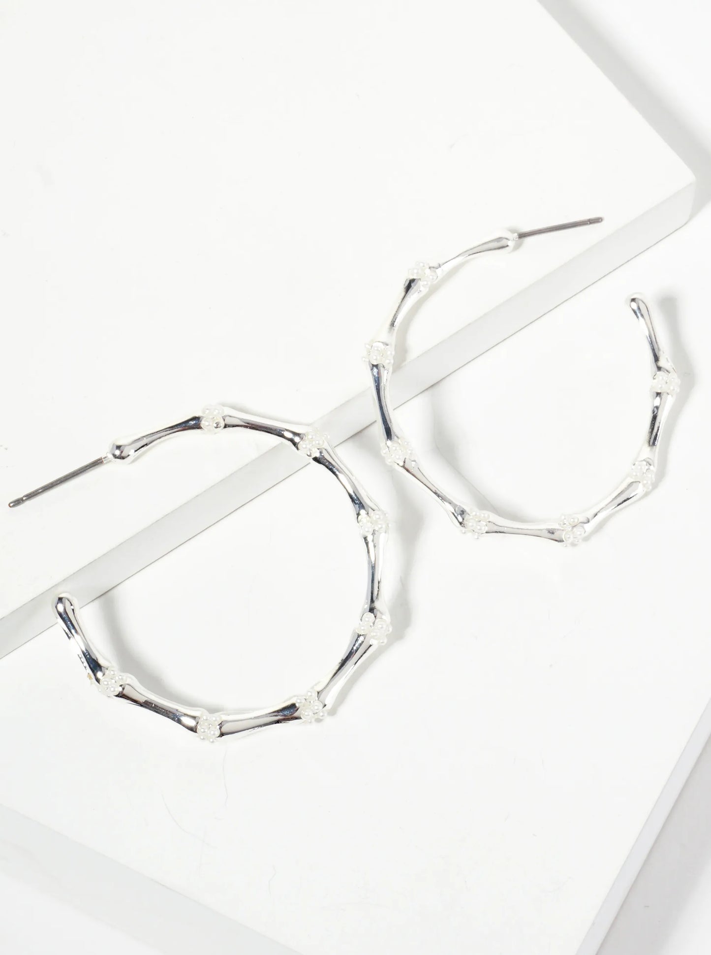 Nature-theme 35mm Bamboo Hoop Earrings With Small Pearl-accents
