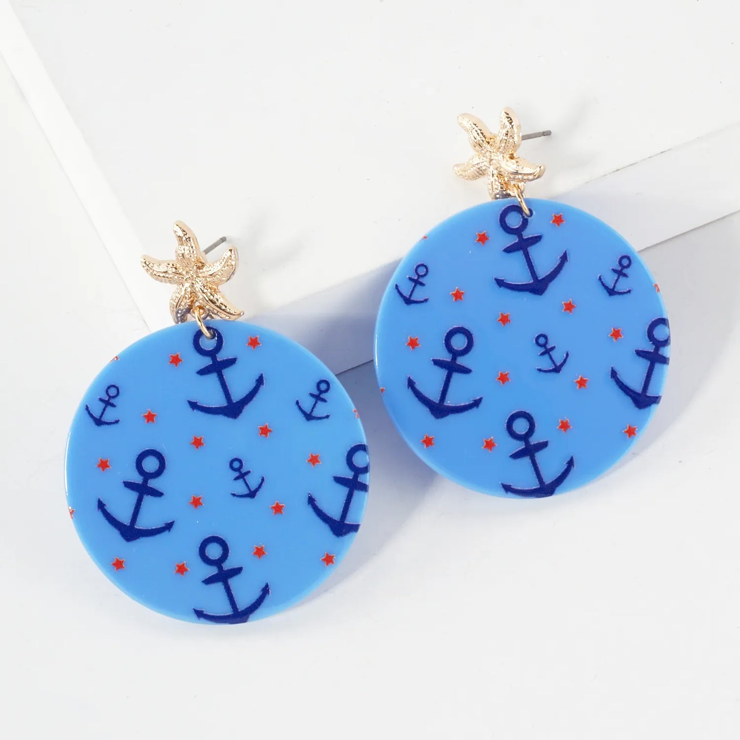 Nautical-Theme Anchor Pattern Circle Drop Starfish Post Statement Earrings
