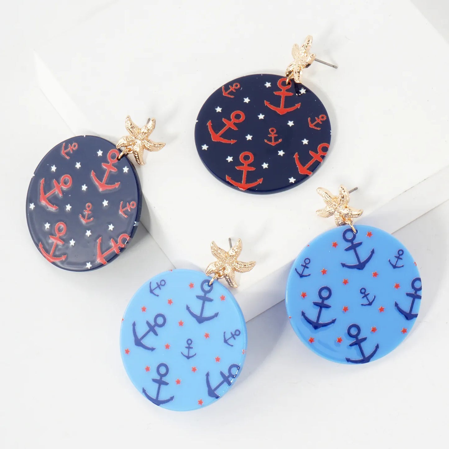 Nautical-Theme Anchor Pattern Circle Drop Starfish Post Statement Earrings