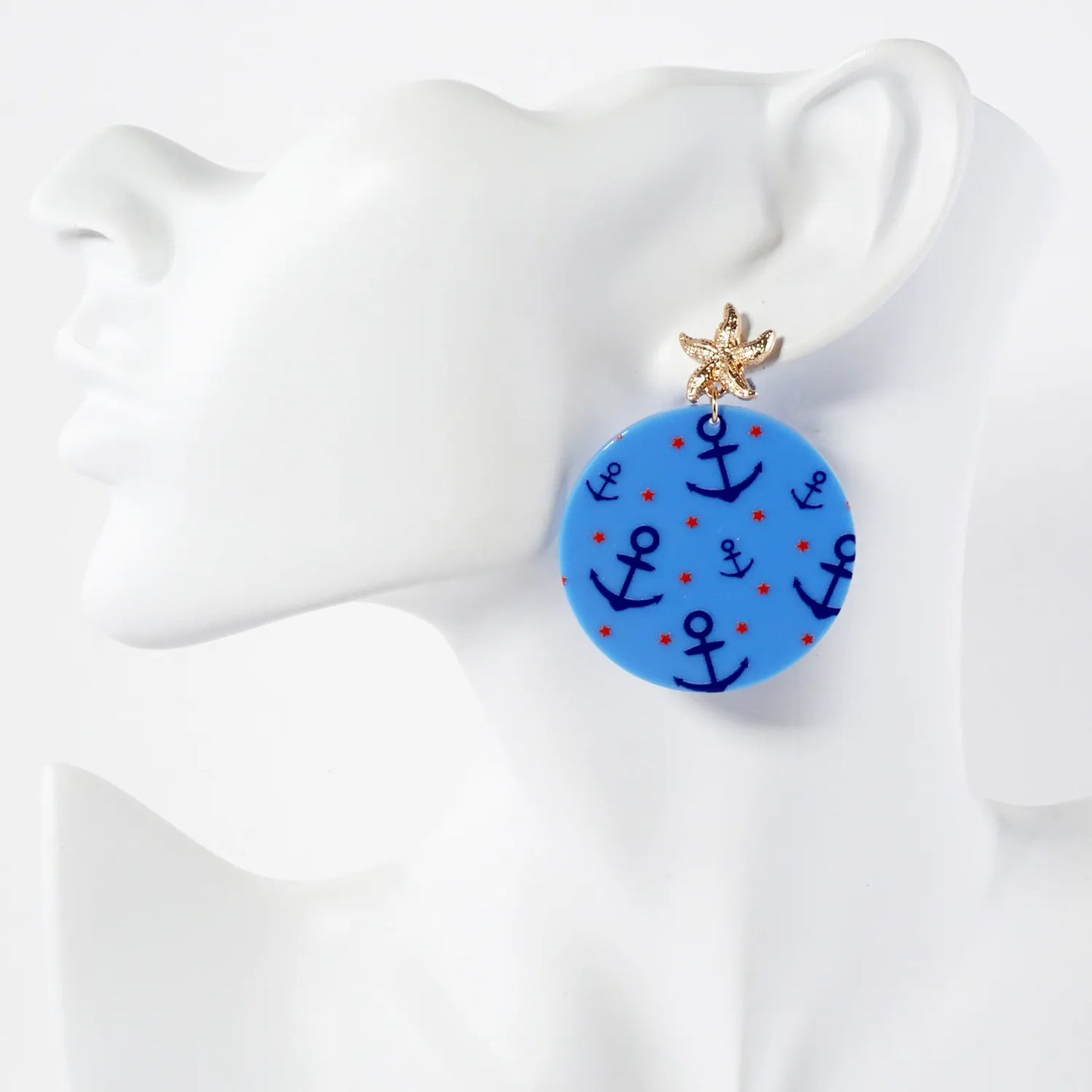 Nautical-Theme Anchor Pattern Circle Drop Starfish Post Statement Earrings