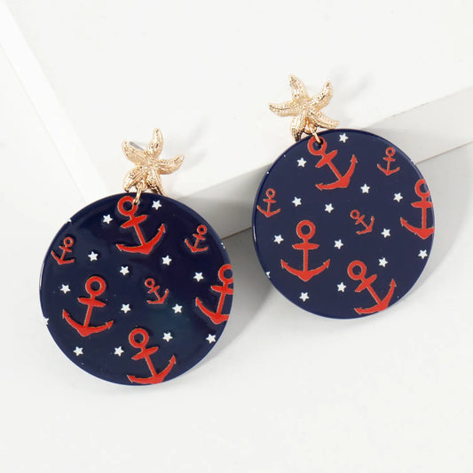 Nautical-Theme Anchor Pattern Circle Drop Starfish Post Statement Earrings