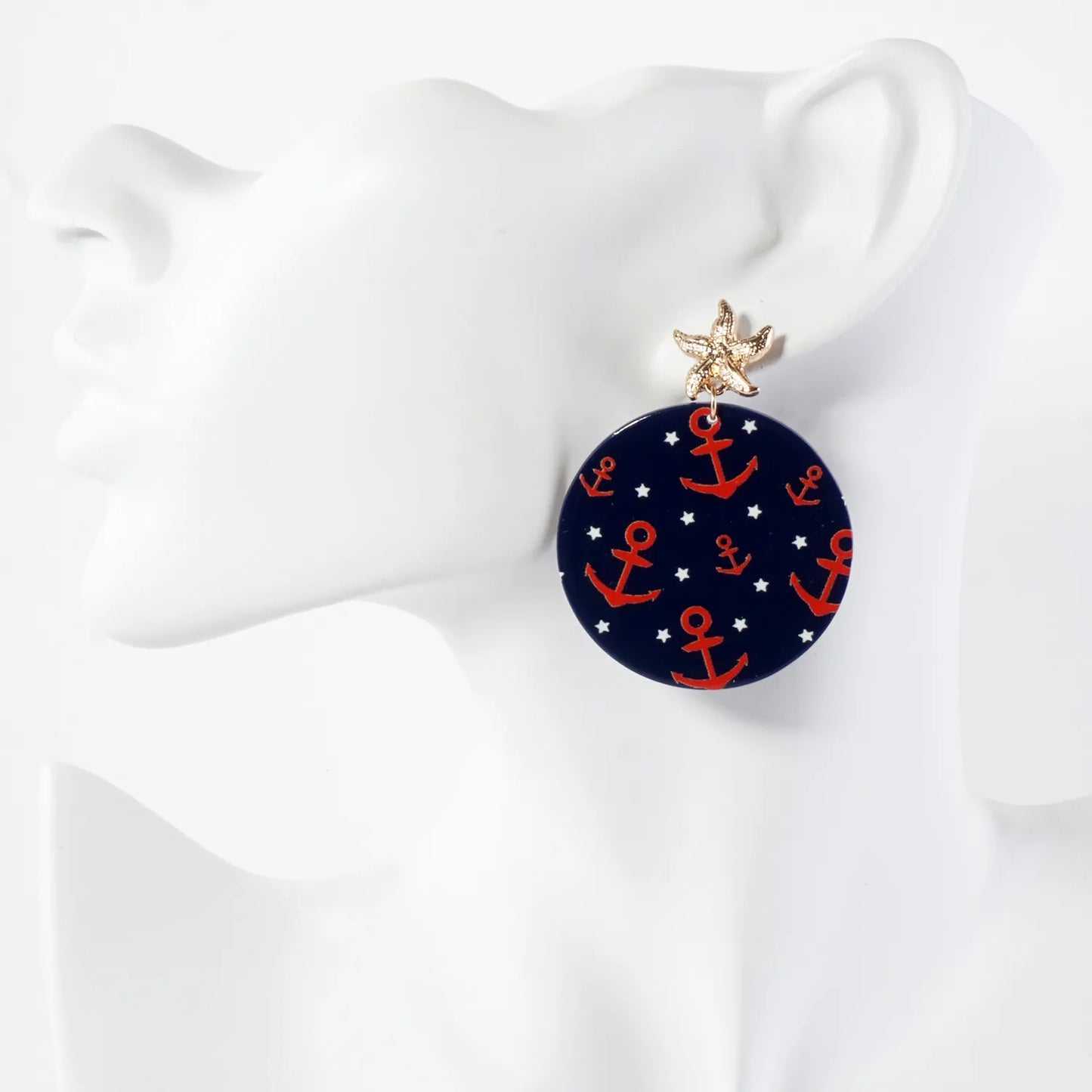 Nautical-Theme Anchor Pattern Circle Drop Starfish Post Statement Earrings