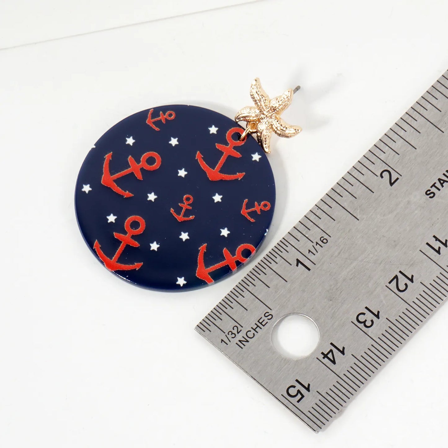 Nautical-Theme Anchor Pattern Circle Drop Starfish Post Statement Earrings