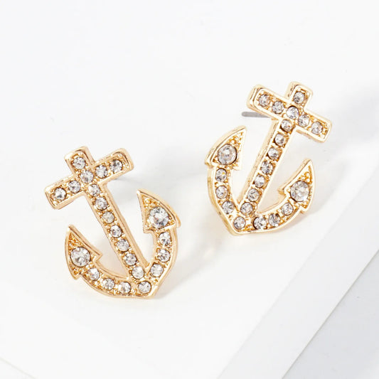 Nautical-Theme Crystal-Pave Anchor Stud Earrings