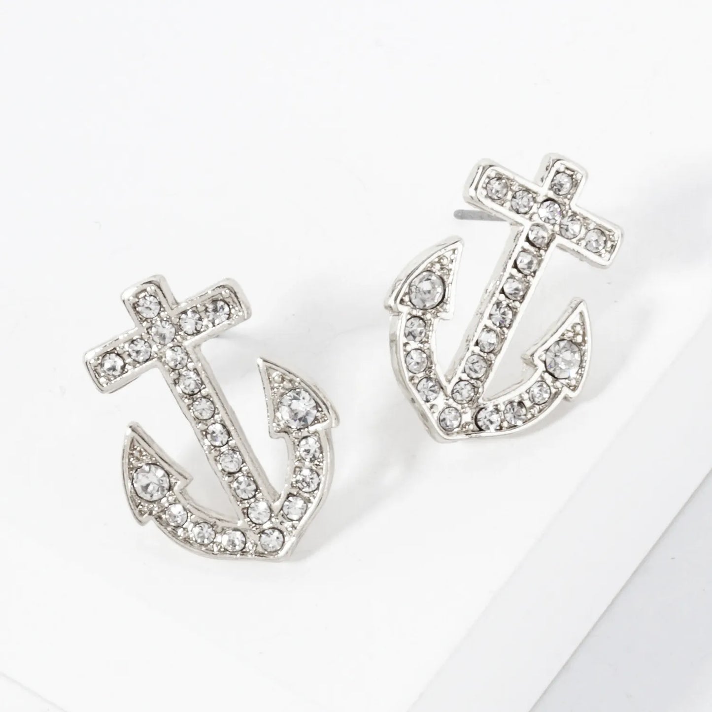 Nautical-Theme Crystal-Pave Anchor Stud Earrings