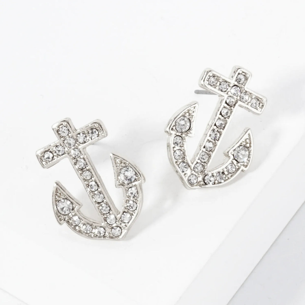 Nautical-Theme Crystal-Pave Anchor Stud Earrings