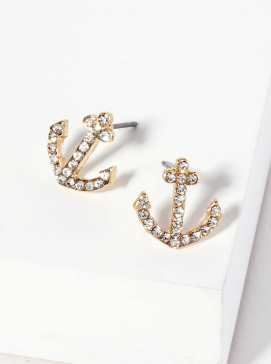 Nautical-Theme Crystal-Pave Anchor Stud Earrings
