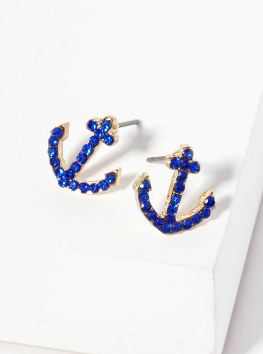 Nautical-Theme Crystal-Pave Anchor Stud Earrings
