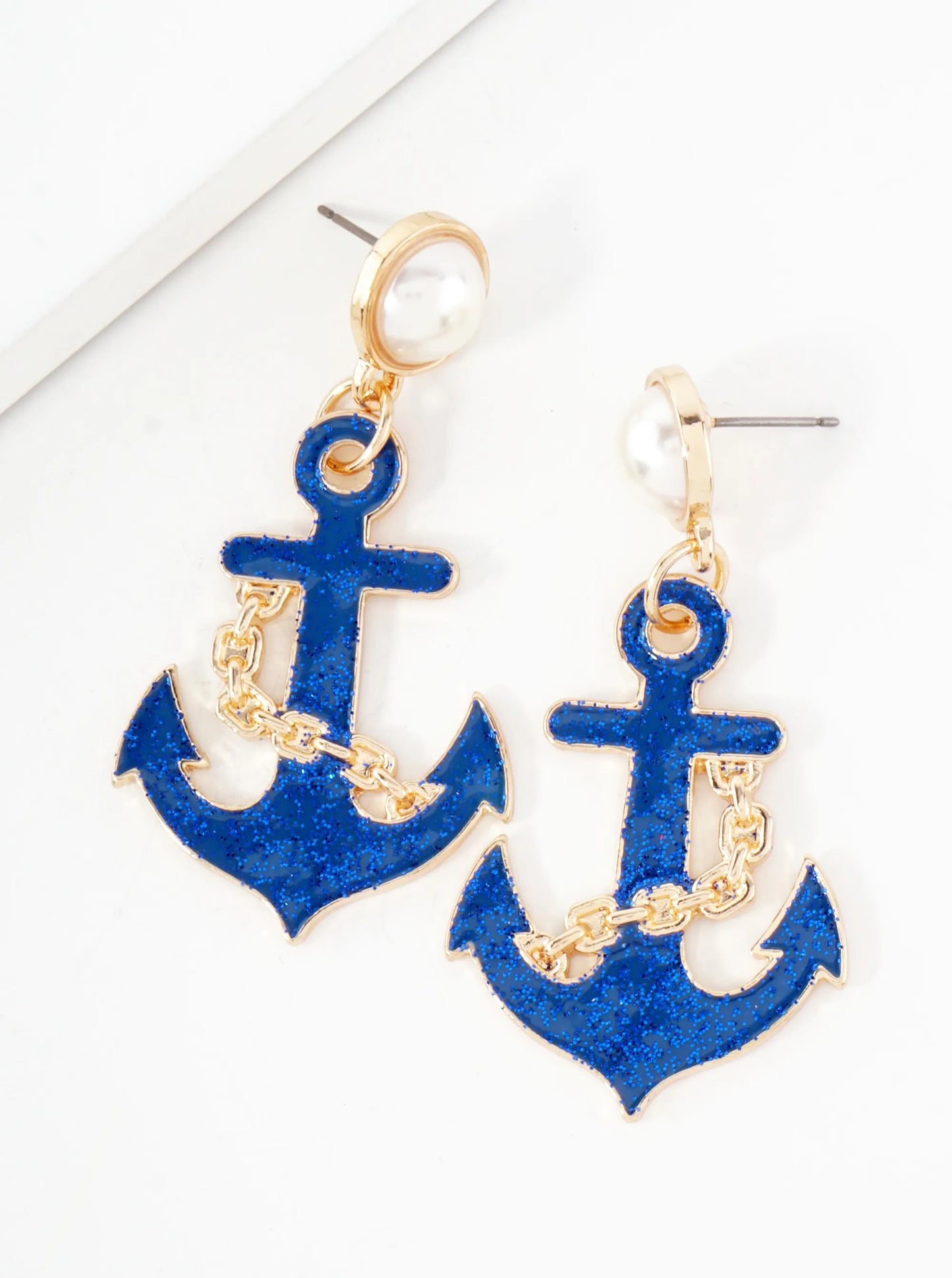 Nautical-Theme Enamel Anchor Drop Pearl Post Statement Earrings