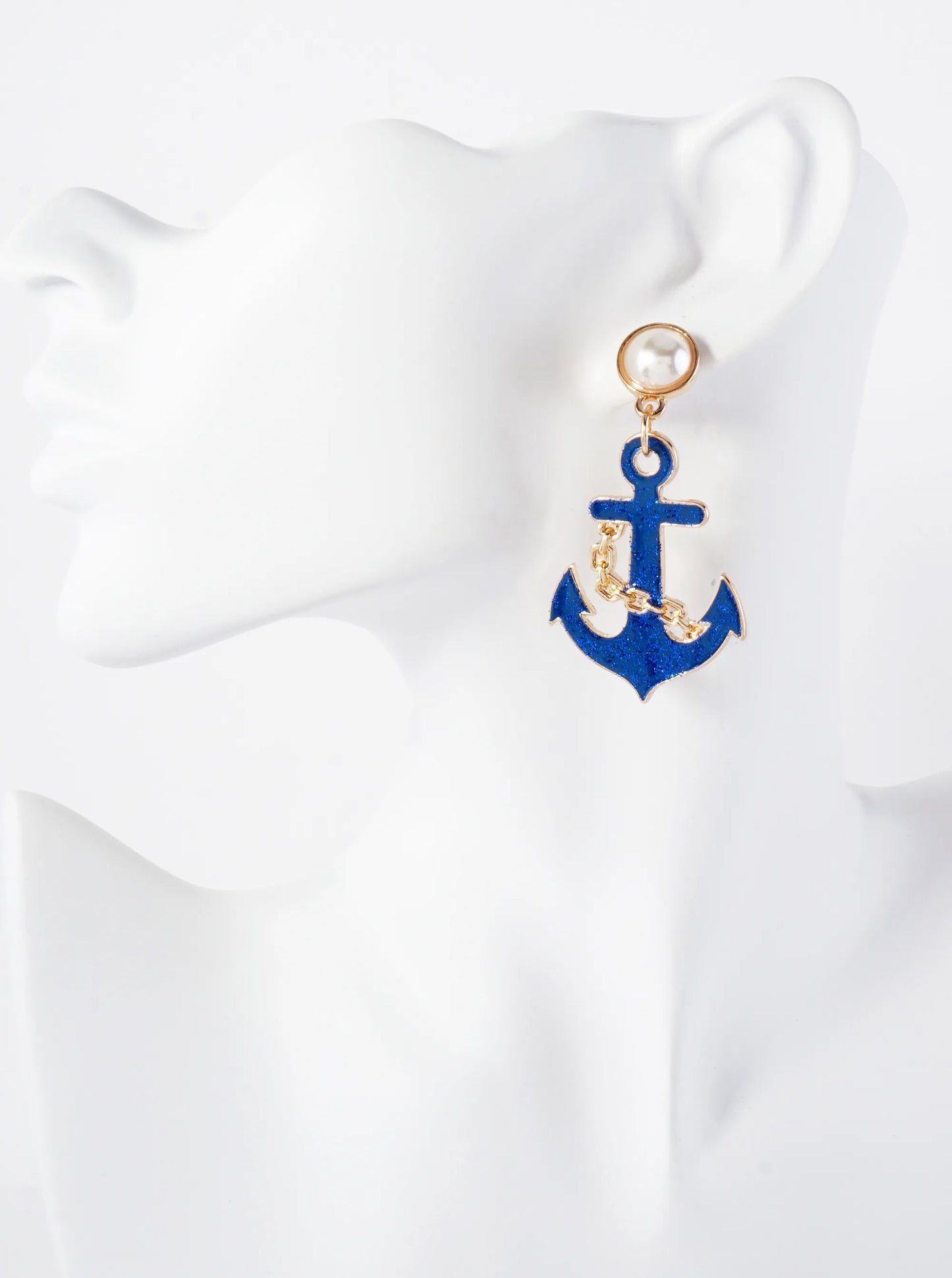 Nautical-Theme Enamel Anchor Drop Pearl Post Statement Earrings