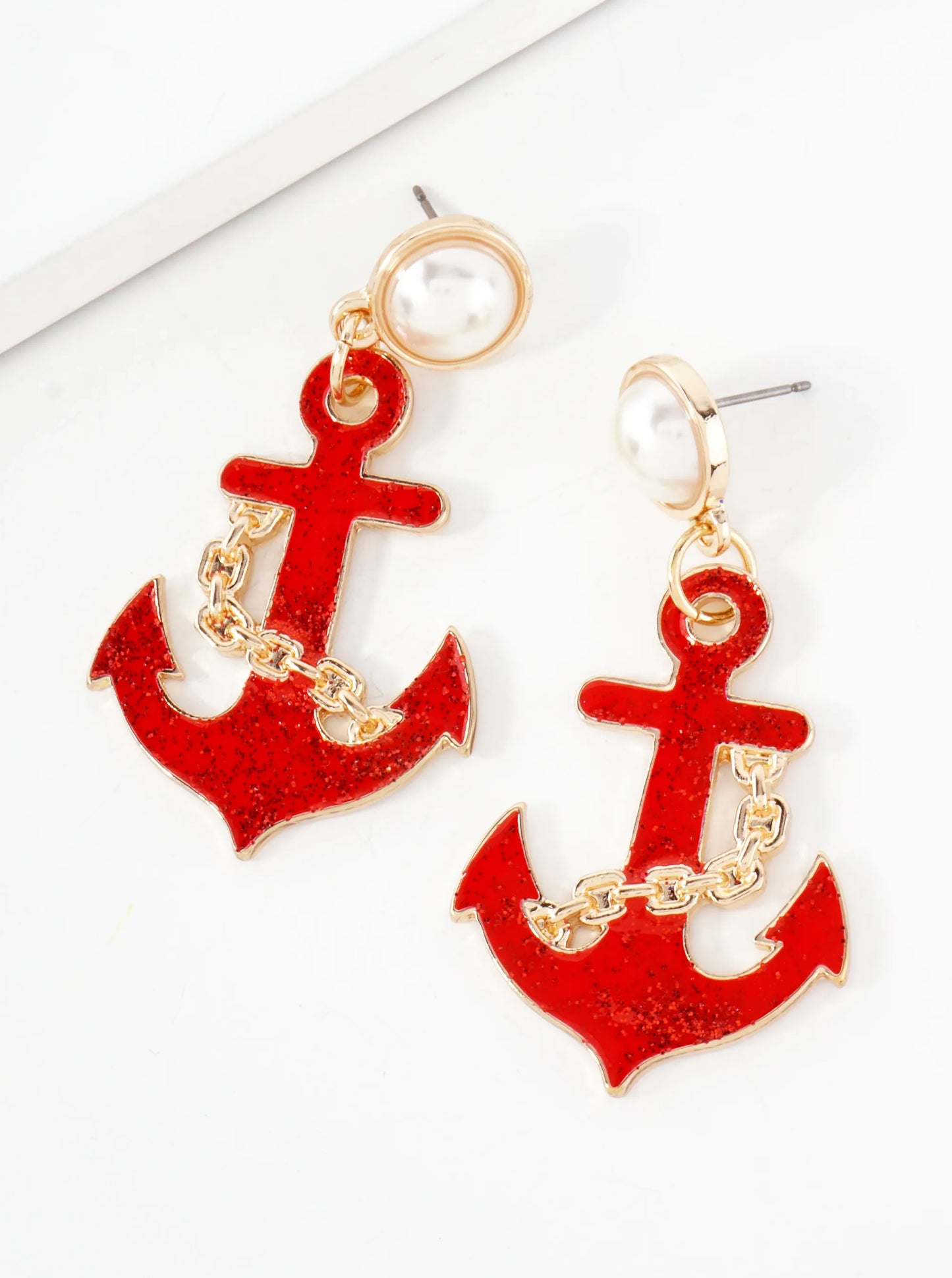 Nautical-Theme Enamel Anchor Drop Pearl Post Statement Earrings